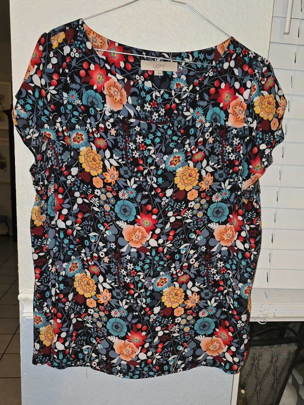 LOFT Black Floral Short-Sleeve Blouse with Teal, Coral & Yellow Flowers